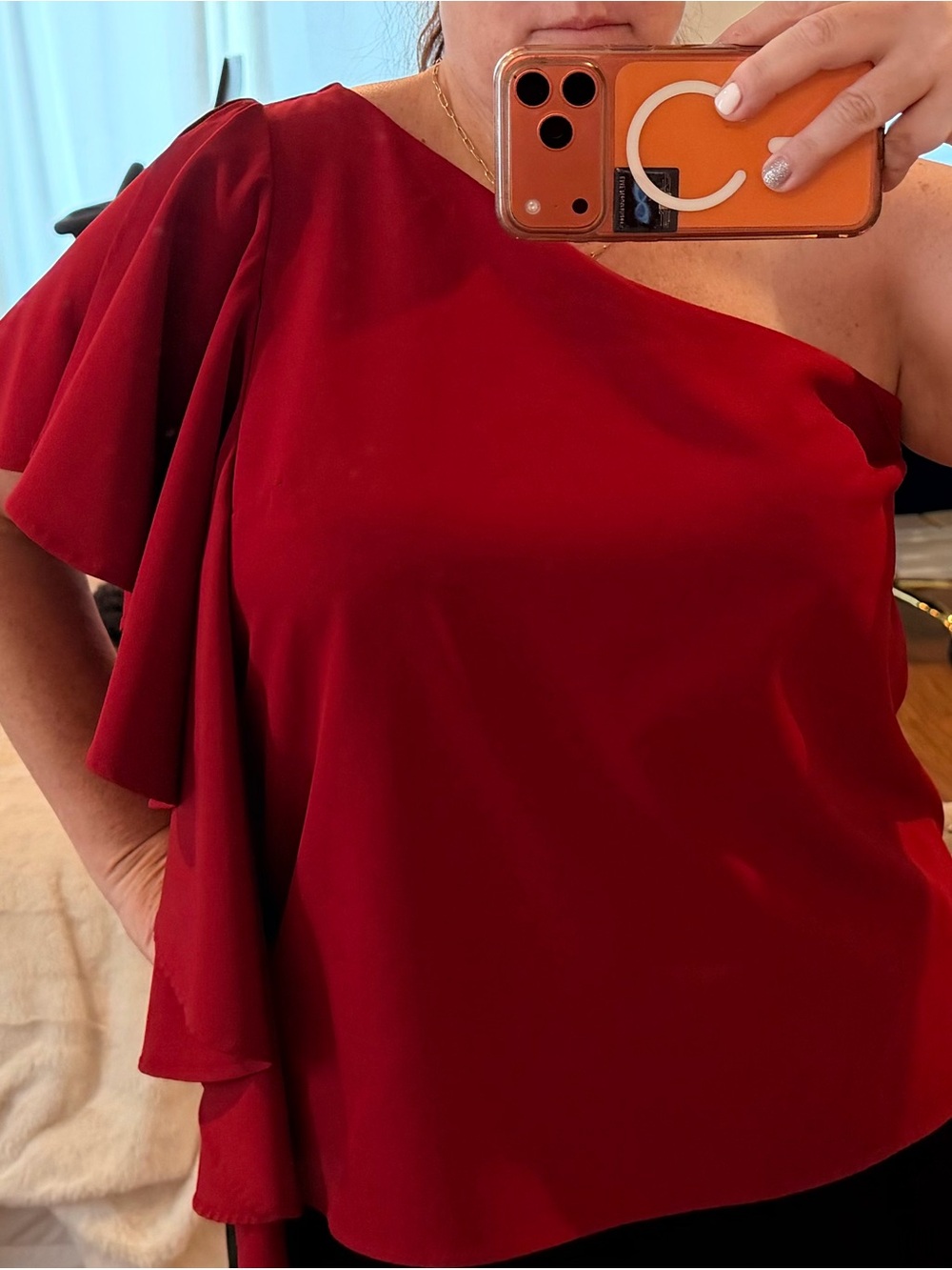 Eloquii One-Shoulder Ruffle Top in Rich Red
